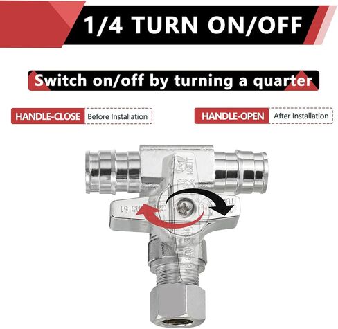 (Pack of 2) EFIELD 1/4-Turn Stop Tee Valve 1/2" Barb Crimp PEX x 1/2" Barb Crimp PEX x 3/8 Inch OD Compression Chrome in Kuwait
