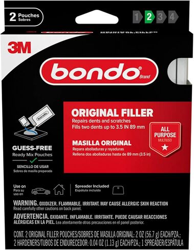 Bondo Body Repair Kit Ready Mix Pouches, Repairs One Large Hole Up to 3" with Patch, 1 Original Filler & Hardener, 1 Fiberglass Filler & Hardener, 1 Self-Adhesive Body Patch, 1 Spreader (BRKIT-2PK-ES) in Saudi Arabia