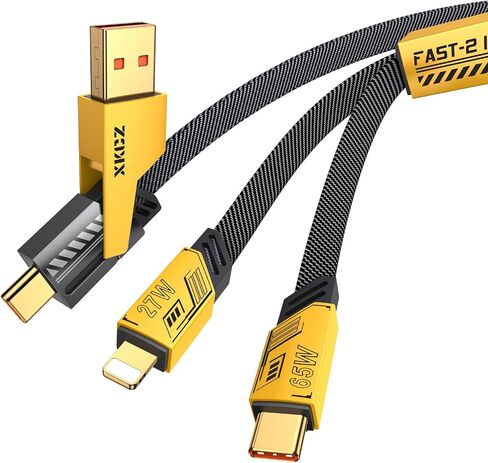 USB C Cable Lightning Cable [4 in 1 65W Fast Charging Cable] Flat Braided USB C to USB C Charger Cord, Multi Charging Cable Combo Type C/USB A/Lightning Port for iPhone/iPad/Samsung, 4ft, Yellow in Saudi Arabia