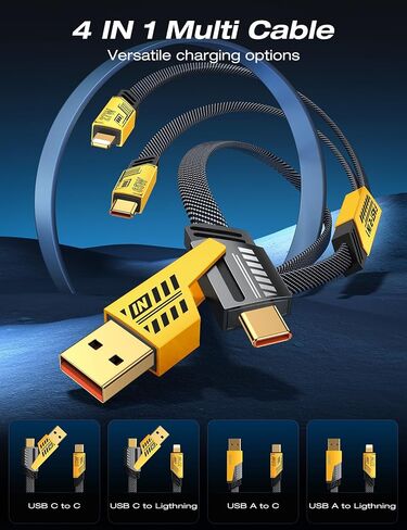 USB C Cable Lightning Cable [4 in 1 65W Fast Charging Cable] Flat Braided USB C to USB C Charger Cord, Multi Charging Cable Combo Type C/USB A/Lightning Port for iPhone/iPad/Samsung, 4ft, Yellow in Saudi Arabia