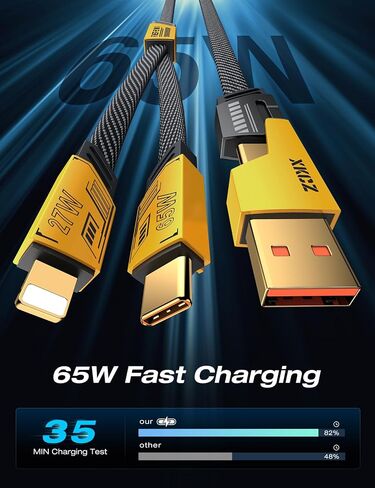 USB C Cable Lightning Cable [4 in 1 65W Fast Charging Cable] Flat Braided USB C to USB C Charger Cord, Multi Charging Cable Combo Type C/USB A/Lightning Port for iPhone/iPad/Samsung, 4ft, Yellow in Saudi Arabia