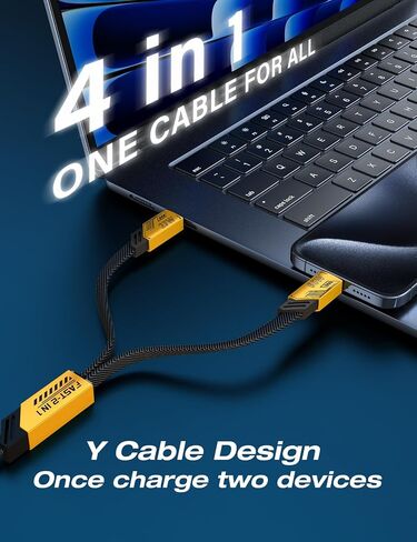 USB C Cable Lightning Cable [4 in 1 65W Fast Charging Cable] Flat Braided USB C to USB C Charger Cord, Multi Charging Cable Combo Type C/USB A/Lightning Port for iPhone/iPad/Samsung, 4ft, Yellow in Saudi Arabia