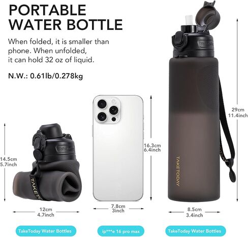 Collapsible Water Bottles 32oz, Foldable Travel Water Bottle with Strap, BPA Free, Silicone Water Bottle Leakproof for Hiking, International Travel, Outdoors (Black) in Kuwait
