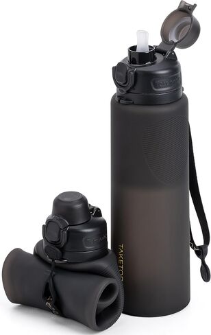 Collapsible Water Bottles 32oz, Foldable Travel Water Bottle with Strap, BPA Free, Silicone Water Bottle Leakproof for Hiking, International Travel, Outdoors (Black) in Kuwait