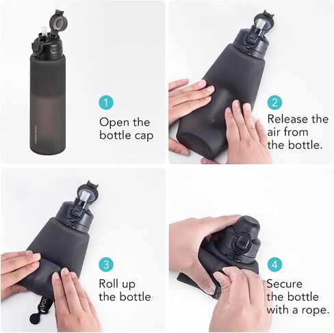 Collapsible Water Bottles 32oz, Foldable Travel Water Bottle with Strap, BPA Free, Silicone Water Bottle Leakproof for Hiking, International Travel, Outdoors (Black) in Kuwait