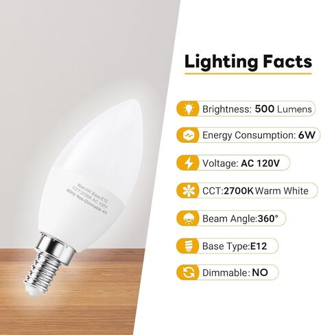 E12 LED Candelabra Bulbs, 60W Equivalent E12 Light Bulbs, C37 Candle Base Chandelier Light Bulbs, Daylight 4000K, Non-Dimmable, Pack of 6 in Kuwait