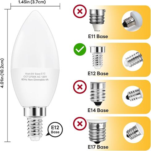 E12 LED Candelabra Bulbs, 60W Equivalent E12 Light Bulbs, C37 Candle Base Chandelier Light Bulbs, Daylight 4000K, Non-Dimmable, Pack of 6 in Kuwait