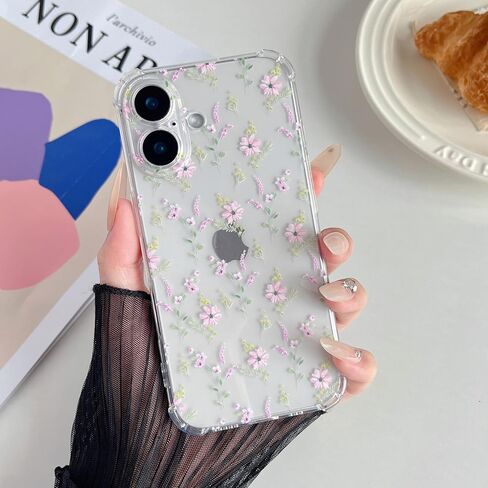 ZTOFERA for iPhone 16 Phone Case Clear, Cute Flower Pattern for Women Girls Phone Cover 4 Corners Thickened Slim TPU Bumper Anti-Drop Protective Case for iPhone 16, Pink Flower in Saudi Arabia
