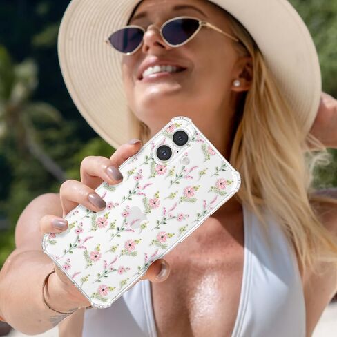 ZTOFERA for iPhone 16 Phone Case Clear, Cute Flower Pattern for Women Girls Phone Cover 4 Corners Thickened Slim TPU Bumper Anti-Drop Protective Case for iPhone 16, Pink Flower in Saudi Arabia