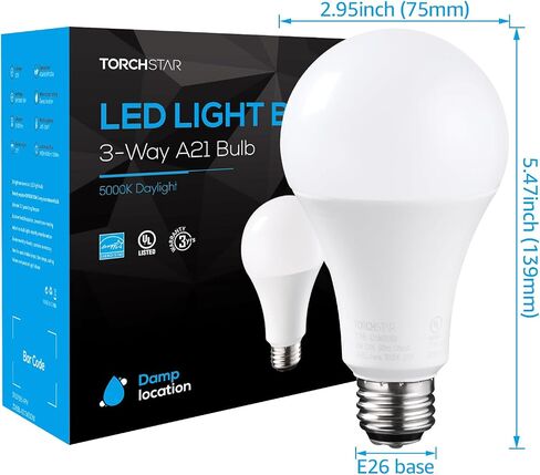 Torchstar 3-Way LED LED A21 ، 3 طرق مصابيح LED LED 40/60/100W مكافئة ، UL & ES ، لمبة خالية من وميض للأرضية ، الجدول ، مصباح اللمس ، قاعدة قياسية E26 ، غير قابلة للانهيار ، 2700 كيل 2 in Kuwait