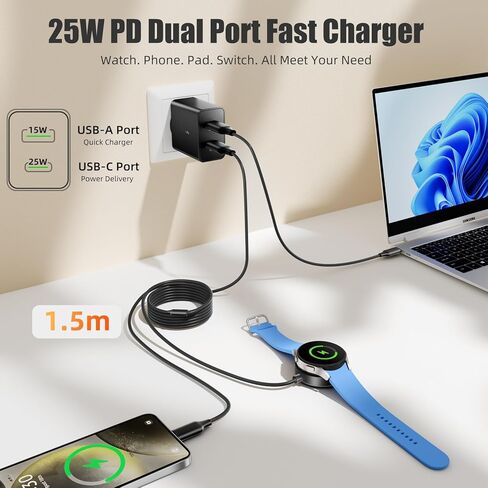 for Samsung Watch Charger, Magnetic Fast Charger for Galaxy Watch 6/6 Classic, Watch 7/5/5 Pro/4/4 Classic/FE/3/Active1 2, Wireless 4.9FT USB C Cord, 25W Dual Port Wall Charger in Kuwait