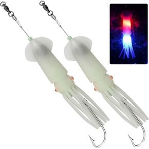 Saltwater Glow Squid Fishing Lures LED Lures Soft Squid Lures Squid Jig Salmon Trolling Lures with Stainless Steel Hook Trolling Hook Mono Line Deep Drop Light Flasher Offshore Lures