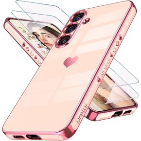 Dretal for Samsung Galaxy S25+ Plus 5G Case with Screen Protector ، Women Girl Gully Love-Heart Gold Gold Soft Camera Protection Phone Phone Phone for Galaxy S25+ (Hot Pink)