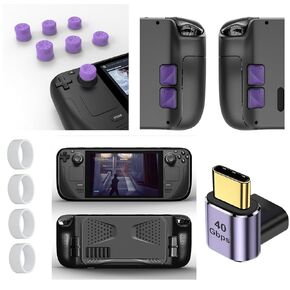 TGDPLUE Steam Deck Case Set with Protective Cover,Back Button Grips,Joystick Caps,90 Degree USB-C Male to USB-C Female Adapter,Joystick Protector Rings Compatible with Steam Deck OLED