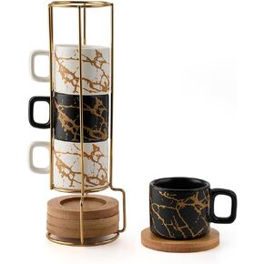 LUKA Porcelain Espresso Cup with Saucer and Metal Stand, 4 Ounce Stackable Ceramic Demitasse Espresso Mugs Cups Set for Latte, Specialty Coffee Drinks, Cafe Mocha,Tea - Set of 4, White & Black