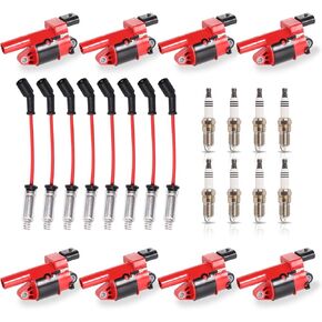 ENA 8 Red Ignition Coil with Spark Plug and Red Wire Set Compatible with Cadillac Chevrolet CTS Escalade Express Suburban Savanna Colorado Avalanche Canyon Allure Impala Corvette Silverado Tahoe