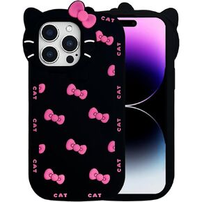 حالة لطيفة لـ iPhone 13/14 6.1 '' ، Black Kawaii Funny 3D Bow Cartoon Silicone Cat Case ، وغطاء وقائي كلاسيكي من الجماليات للنساء ، والأطفال (الأسود ، لـ iPhone 13/14)