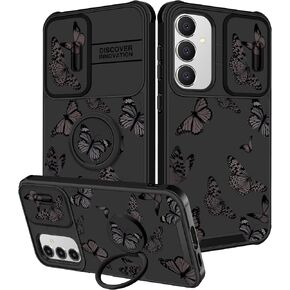 for Samsung Galaxy S24 FE Case - Women Girls Cute Phone Cover Girly Pretty Aesthetic Black Butterfly Unique Design with Camera Cover and Ring Stand Funda for Samsung S24 FE Case