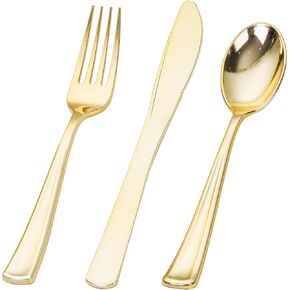Rubtlamp 180Pcs Gold Plastic Silverware,Luxury Gold Plastic Cutlery,Heavy duty Gold Plastic Flatware,Gold Utensils Set Disposable Include 60Gold Forks,60Gold Spoons,60Gold Knives for Party,Wedding