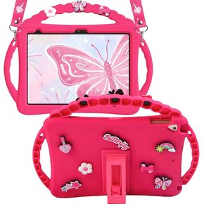 for iPad 10th 10.9 Cover with Shoulder Straps Handle Cute DIY Butterfly Soft Silicone Shockproof Kids Girls Tablet Cases for iPad 10th Generation 2022 10.9''-Rose Red