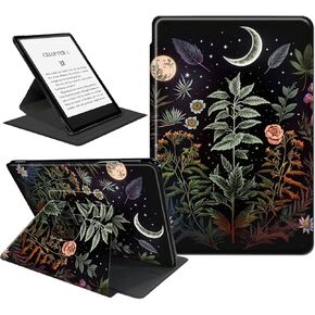 Case for 7" Kindle Paperwhite (12th Generation,2024) & Kindle Colorsoft Signature Edition 7 inch,360 Degree Rotating Anti Slip Slim Stand Smart Cover Case-Flowers Plants Moon Night
