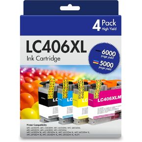 LC406 LC406XL Ink Cartridges for Brother Printer 406XL LC 406 XL for MFC-J4335DW MFC-J5855DW MFC-J6555DW MFC-J4535DW MFC-J6955DW MFC-J4345DW MFC-J5955DW - 4 Pack High Yield Black Cyan Magenta Yellow