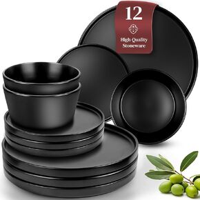 24 Piece Dinnerware Sets for 8 - Modern Style Stoneware Dinnerware Set - Scratch Resistant, Dishwasher Safe Plates and Bowls Sets Ceramic, Dish Set, Bowl and Plate Set - Black and Petrol Blue…