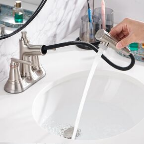 Bathroom Faucet with Pull Out Sprayer, 4 Inch Centerset 3 Hole Faucet, 2 Handle Pull Out Faucet for Bathroom Sink, with Pop Up Drain and Supply Hoses, Chrome