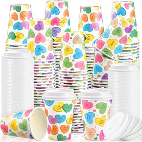 80 Set 12 oz Valentine's Day Disposable Coffee Cups with Lids Bulk Love Conversation Heart Paper Cup Valentines Hot Chocolate Cocoa Tea Cup for Anniversary Party Supplies Decor(Vivid Style)