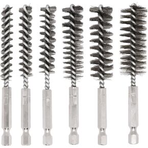 6 Pcs Bore Brush for Drill, 1/4" Hex Shank Stainless Steel Twisted Wire Brush for Drill, Bristle Round Wire Brush with Different Sizes, Tube Pipe Cleaner for Rust (Diameter 12,19,25mm)