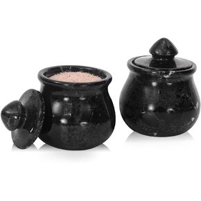 Marble Salt Cellar With Lid Oceanic 3.5" Inches Handmade Set Of 2 Spice Containers, Salt And Pepper For Kitchen Counter Shelf, Salt Holder With Lid - Brown Sugar Container, Salt Box