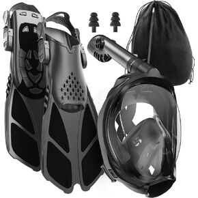 COZIA DESIGN Snorkeling Gear for Adults with Fins - Full Face Snorkel Mask and Swim Fins, 180° Panoramic View Snorkel Mask, Anti Fog and Anti Leak Adult Snorkel Set (DeepBlack, Mask L + Fins M)