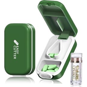 Pill Cutter | Best Pill Cutter for Small or Large Pills |with Safety Lock Buckle Design in The USA| Cuts Vitamins | Pill Splitter Detachable Silicone pad Easy to wash with Crystal Pill Box (Grey) in Kuwait