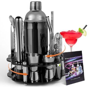Mixology Bartender Kit Cocktail Shaker Set: 10-Piece, Bar Tools with Wooden Stand, Bar Set with All Essential Accessory Tools: Martini Shaker, Jigger, Strainer, Mixer Spoon, Muddler Ect, (Silver)