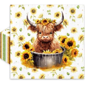 Whaline 80Pcs Spring Highland Cow Paper Napkin Watercolor Cute Cow Flower Disposable Napkins Farmhouse Luncheon Dinner Napkin for Spring Summer Party Supplies