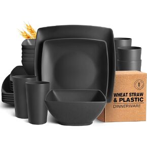 Teivio 24-piece Plastic Wheat Straw Square Dinnerware Set for 6, Unbreakable Dinner Plates, Salad Plates, Snack Bowls, Tumblers 20 oz, Dishwasher Safe, Stone