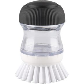 Soap Dispensing Palm Brush, Dish Brush Set with Silicone Drip Tray and One Refill, Kitchen Dish Scrub Brush for Cleaning Pots, Pans.