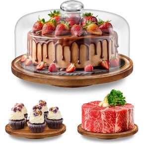 Yangbaga Glass Cake Stand with Lid,11in Wooden Rotating Cake Stand with Dome Cover, Cake Plate Display Server Tray for Birthday Kitchen Party