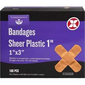 Adhesive Bandage - Box of 100 1" Flexible Fabric Bandages - Sheer Plastic and Latex Free for Cuts, Scrapes, Burns - Sterile Small Bandages