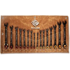 Ratcheting Wrench Set For Men: 16-Piece Metric & SAE - Black Chrome Vanadium - Including Waterproof Wax Canva Bag - for Automotive Repair
