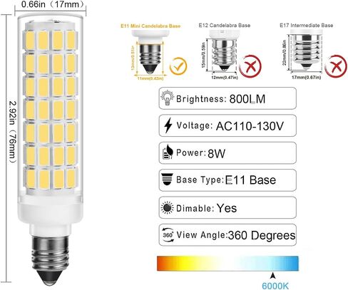 E11 LED Bulb 8W 800LM 100W مكافئ ، JDE11 Mini Candelabra LED Bulb Dimmable ، White White 3000K ، JDE11 120V 100W LED لحزمة إضاءة قلادة سقف من 2 (أبيض دافئ) in Kuwait
