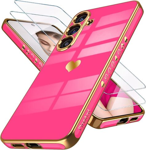 Dretal for Samsung Galaxy S25+ Plus 5G Case with Screen Protector, Women Girl Cute Girly Love-Heart Luxury Gold Soft Camera Protection Bumper Shockproof Phone Case for Galaxy S25+(Hot Pink) in Saudi Arabia