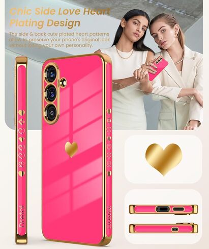 Dretal for Samsung Galaxy S25+ Plus 5G Case with Screen Protector, Women Girl Cute Girly Love-Heart Luxury Gold Soft Camera Protection Bumper Shockproof Phone Case for Galaxy S25+(Hot Pink) in Saudi Arabia