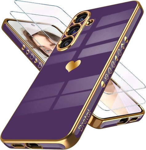 Dretal for Samsung Galaxy S25+ Plus 5G Case with Screen Protector, Women Girl Cute Girly Love-Heart Luxury Gold Soft Camera Protection Bumper Shockproof Phone Case for Galaxy S25+(Hot Pink) in Saudi Arabia