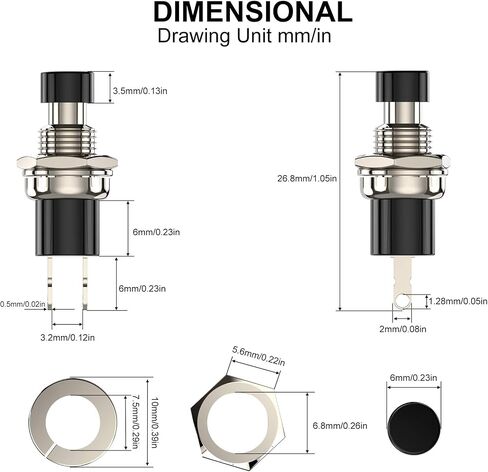 DIYhz Momentary Push Button Switch, 1A 250VAC SPST Mini Pushbutton Switches with Wire Normally Open(NO) 6pcs in Kuwait