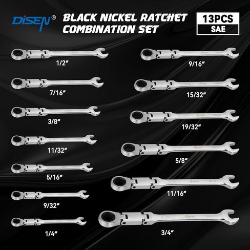 DISEN Ratcheting Wrench Set 25pcs, Long Flex-Head Ratchet Wrenches Set Double Jointed, Ratchet Combination Wrench Set Metric 8-19mm and SAE 1/4'' -3/4'', 72-Teeth, Cr-V Steel, with Heavy Duty Case in Kuwait