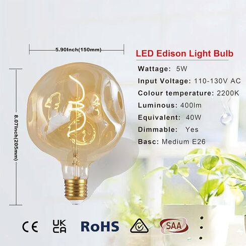 SD LUX Oversized Vintage LED Light Bulbs 5W, Medium Base E26, Giant Huge Edison Bulb,Large Amber Decorative Bulbs, Dimmable 400LM(40W Equi) Pendant Lighting Warm White 2700K,1 Pack (DG170-Black) in Saudi Arabia