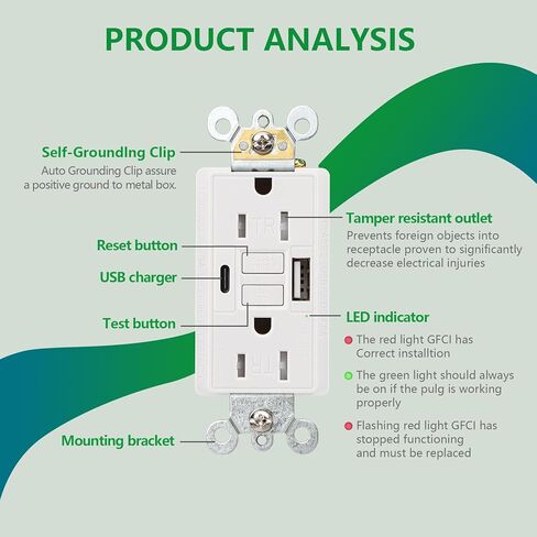 GFCI Outlet مع USB داخل الجدار ، 20A اختبار ذاتي مع مؤشر LED TAREDATAN DC5V 4.8A الشاحن مع نوع USB A & TYPEC ، أبيض in Kuwait