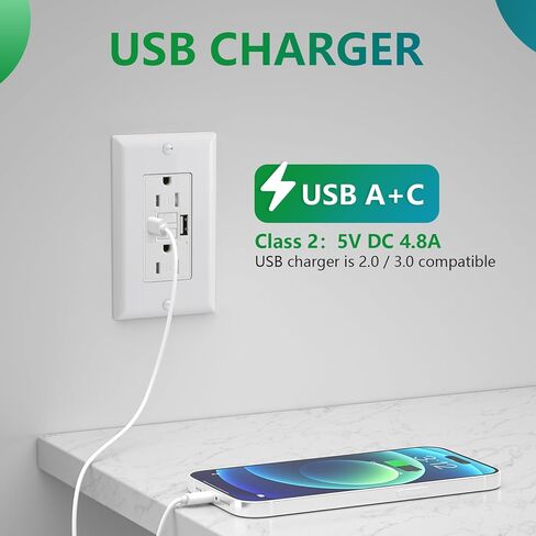 GFCI Outlet مع USB داخل الجدار ، 20A اختبار ذاتي مع مؤشر LED TAREDATAN DC5V 4.8A الشاحن مع نوع USB A & TYPEC ، أبيض in Kuwait
