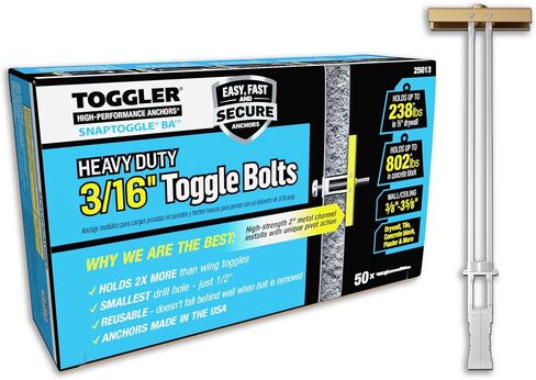 TOGGLER SNAPTOGGLE BA Toggle Anchor, Zinc-Plated Steel Channel, Made in US, 3/8" to 3-5/8" Grip Range, for 3/16"-24 UNC Fastener Size (Pack of 100 Anchor, No Bolts Included) in Kuwait